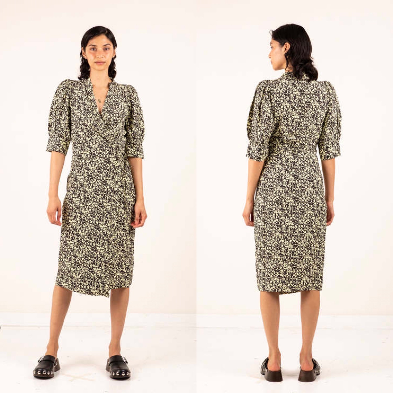 Nwt Ganni Floral Printed Crepe Midi Wrap Dress In Phantom Size Small